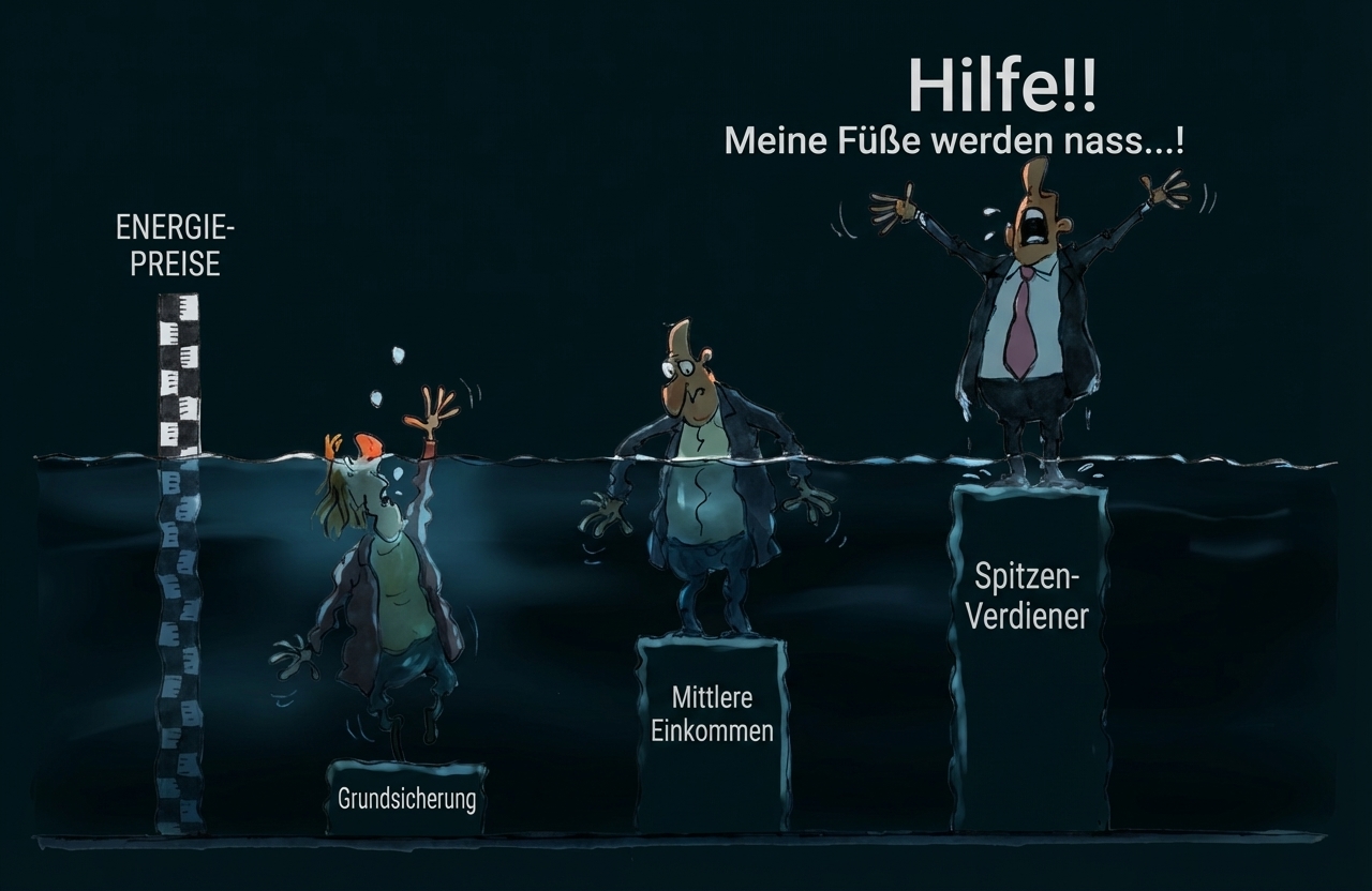 Karikatur: Drei Personen auf Säulen (Grundsicherung, Mittlere Einkommen, Spitzenverdiener), Wasser steigt wegen Energiepreisen.